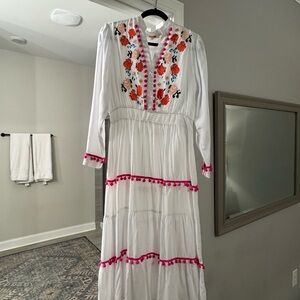 Embroidered White Maxi Dress with Pink Accents